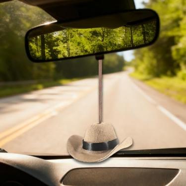 Imagem de Tuxihapp Chapéu de cowboy ocidental pingente de espelho retrovisor de carro, lindo mini chapéu de cowboy feito à mão, enfeite automotivo para pendurar, acessórios de pingente de interior de veículo