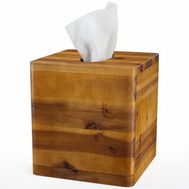 Imagem de Tidita Capa quadrada de caixa de lenços de madeira de acácia, suporte de caixa de lenços de madeira com fundo deslizante, cubo de cobertura de caixa de lenços de madeira (cor acácia)