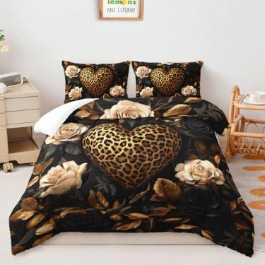 Imagem de AILONEN Jogo de cama solteiro com estampa de leopardo e coração de amor, rosa preta e branca, 3 peças, para crianças, adolescentes e adultos, colcha floral com tema de animal selvagem com 2 fronhas