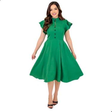 Imagem de Vestido Feminino Midi Godê Mangas Curta Gola Redonda Botões Funcionais