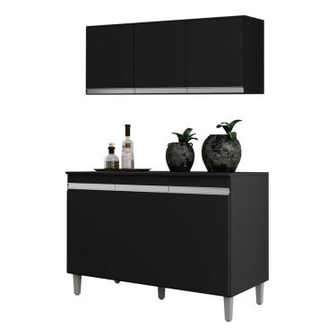 Imagem de Kit Cozinha Balcão Manu 120cm Com Tampo Mdp E Aéreo Andréia Preto - Ajl Móveis Preto