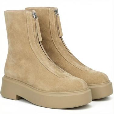 Imagem de BeeLg Bota feminina plataforma cano curto Chelsea bota de outono com zíper frontal de couro de combate, Camurça marrom, 34 BR