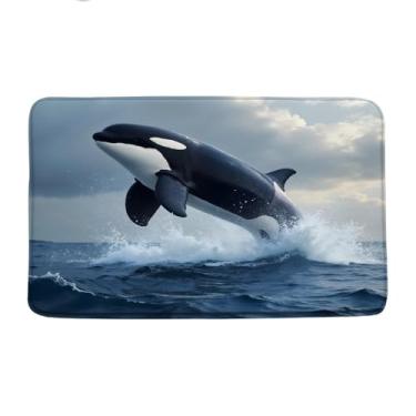 Imagem de UOZXOML Tapete de banho de baleia assassina engraçado orcas oceano vida selvagem diversão vida marinha animal náutico tapete de banheiro microfibra espuma de memória tapete de chuveiro cozinha tapetes