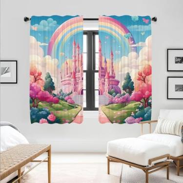 Imagem de DOTOOMA Cortinas castelo arco-íris rosa pastel 53 x 137 cm tema princesa tratamentos de janela com nuvens design de borboletas para decoração de quarto de crianças, cortinas de festa de aniversário de