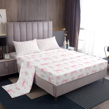 Imagem de Erosebridal Jogo de lençol solteiro com laço, para quarto de meninas, rosa, floral, em forma de coração, para crianças, laço com laço estilo princesa sonhadora, lençol de cima, 3 peças com 1 fronha