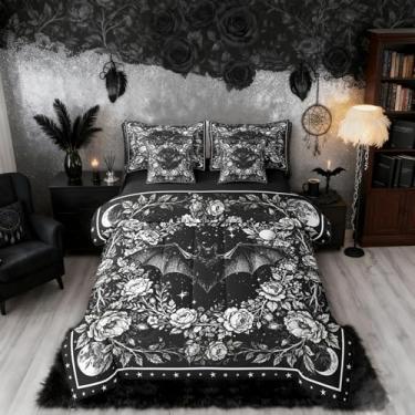 Imagem de Erosebridal Jogo de cama casal gótico e edredom | Jogo de cama de 7 peças com morcegos de Halloween assustador, vintage, floral, galáxia, lua, flores, decoração gótica, preta