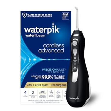 Imagem de Waterpik Fio dental Advanced 2.0 sem fio para dentes, gengivas, aparelhos, cuidados dentários com bolsa de viagem e 4 pontas, aceito pela ADA, recarregável, portátil e impermeável, preto WP-582,