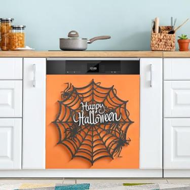 Imagem de xigua Capa magnética de teia de aranha de Halloween, adesivos magnéticos decorativos antiarranhões para painel de geladeira e lava-louças, decoração personalizada de cozinha doméstica 58 x 66 cm