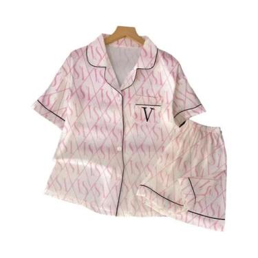 Imagem de Conjunto De Pijamas De Seda Gelada Para Mulheres, Com Manga Curta, Rou