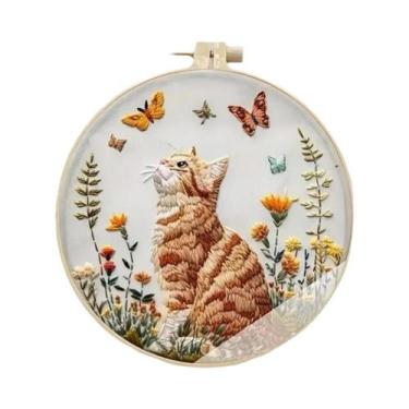 Imagem de Kit De Bordado DIY Para Iniciantes Com Tema De Gato E Flor, Materiais 