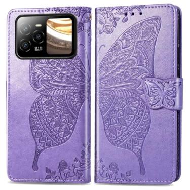 Imagem de DAMONDY Capa flip para BLU View 3 B140DL, flores em relevo borboleta couro PU capa flip magnética suporte porta-cartões alça de mão carteira capa para BLU View 3 B140DL - roxo claro