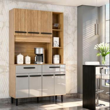 Imagem de Cozinha Compacta Malu 7 Portas e 2 Gavetas Poquema, Damasco Ripado Off