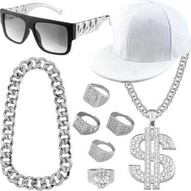 Imagem de Riuziyi Pacote com 9, fantasia de rapper dos anos 80, 90, masculino, corrente de ouro, hip hop, anéis kanji com símbolo de dólar, para festa temática, Prata, adjustable