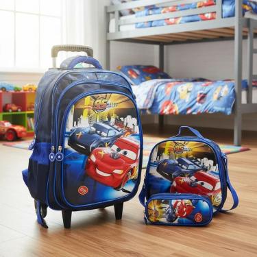 Imagem de Mochila Rodinha impermeável + lancheira térmica + estojo - Carros 3D