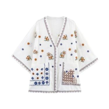 Imagem de Camisa Feminina Étnica Com Decote Em V E Manga Curta Bordada Estilo Eu