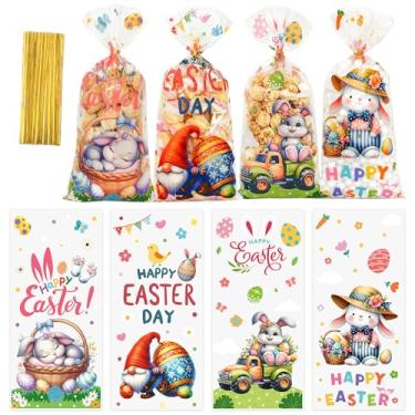 Imagem de Pacote com 100 sacos de guloseimas de Páscoa, sacos transparentes de celofane de Páscoa com 110 laços para embrulhar biscoitos doces, sacos de plástico de 2,8 mm de espessura para caça aos ovos de