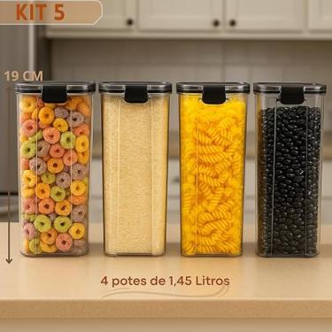 Imagem de Kit Pote Hermético Organizador de Mantimentos e Temperos para Cozinha, Armário e Geladeira Slim Transparente com Tampa Vedada (KIT 5-4 POTES SLIM 1,45 LITR)