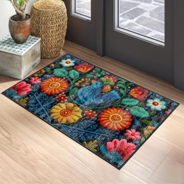 Imagem de Tapete de área de arte popular mexicana de 5 x 8 m - Tapete lavável com estampa floral e pássaro azul vibrante para sala de estar, quarto, entrada, decoração boêmia, tapete antiderrapante
