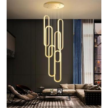 Imagem de Luminária pendente moderna de LED, lustre longo para escada, sala de estar, alumínio e acrílico, dimerizável, para quarto, sala de jantar, restaurante, cozinha, varanda, escritório (dourada,