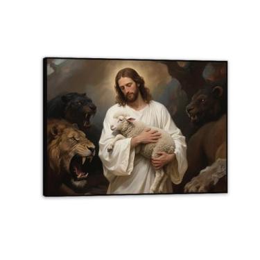 Imagem de Pôster Jesus Rei Leão Impressão Pinturas Religiosas em Tela Leão de Judá Cordeiro de Deus Arte de Parede para Sala de Estar Decoração de Parede de Igreja 80 x 60 cm (32 x 24 polegadas) Moldura Preta