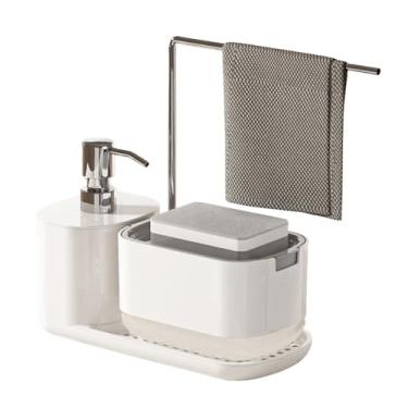 Imagem de Conjunto de Dispensadores Sabonete para Mãos e Louças com Suporte Esponja Toalha Organizador Líquido do Tipo Pressão Multifuncional Cozinha Dispensador Duplo À Prova Vazamento ABS PS Pia Banheiro Resi