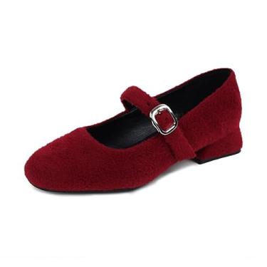Imagem de Sapato feminino de veludo Mary Jane de veludo com bico quadrado, sapatos casuais de salto baixo, com tira no tornozelo, elegante, confortável, versátil, chique, Vermelho, 38