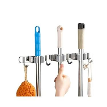 Imagem de Porta Vassoura em Aço Inox com Encaixes Suporte Organizador de Parede para Vassoura, Rodo e Utensílios