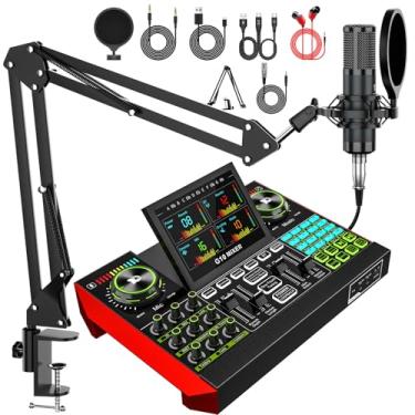 Imagem de Pacote de microfone de podcast com mixer de áudio de placa de som ao vivo, pacote de equipamento de podcast com microfone boom de 3,5 mm (P15) para PC/telefone, transmissão ao vivo, jogos de canto