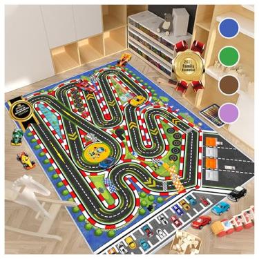 Imagem de Fuzorise Tapete de corrida infantil para carro, estrada, tapete de brincar para quarto de crianças, educacional, rodovia, rodovia, rodovia (azul, 0,8 m x 1,2 m)