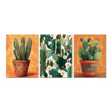 Imagem de VANSEEING 3 peças de arte de parede floral de cacto mexicano impressão em tela boho sudoeste suculenta imagem tropical botânica cacto deserto decoração de parede para quarto sala de estar 30 x 40 cm x