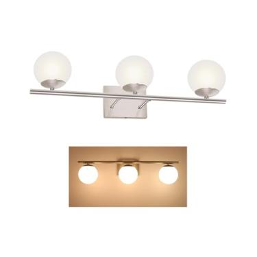 Imagem de YHTlaeh Nova luminária de banheiro com 3 luzes de vidro de níquel escovado sombra moderna arandela sobre espelho