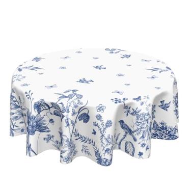 Imagem de Ancordivo Toalha de mesa redonda floral azul primavera branca 152 cm verão chinoiserie flor pássaro círculo toalha de mesa rústica capa de mesa para festa, cozinha, jantar, decoração de casa