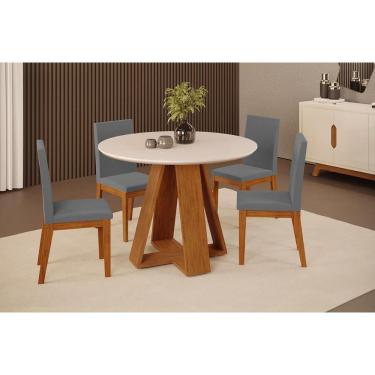 Imagem de Conjunto: Mesa Sala Jantar Celeste c/ Tampo Madeirado c/ Vidro Redondo 103x103cm e 4 Cadeiras Suzy Freijo/Off White - Suede Lunar - DJ Móveis