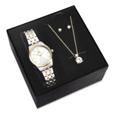 Imagem de Saint Germain Kit Relógio Colar e Brincos, Mostrador Branco, Pulseira 14cm, Movimento Quartzo