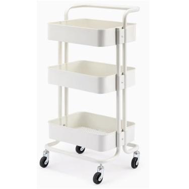 Imagem de Carrinho de rodinhas de 3 camadas, carrinho utilitário de aço carbono branco com rodas, rack organizador de banheiro impermeável, unidade de prateleiras móveis para arte, artesanato, fraldas