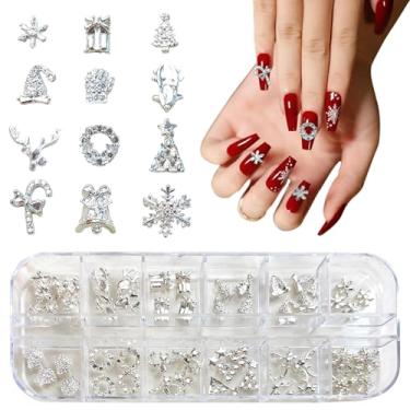 Imagem de CHANGAR Berloques de unhas para o Natal, liga de Natal, pedras preciosas, strass, guirlanda, floco de neve, sino de alce, para decoração de arte de unhas de Natal, artesanato faça você mesmo (prata)
