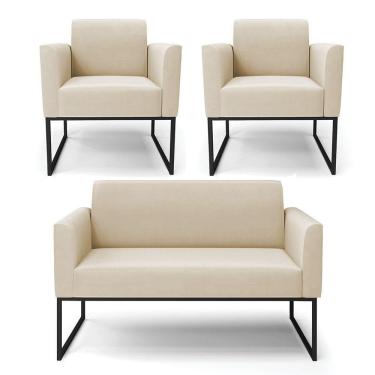 Imagem de Sofá Namoradeira Com 2 Poltronas Base Industrial Preto Marisa Suede Cor Bege