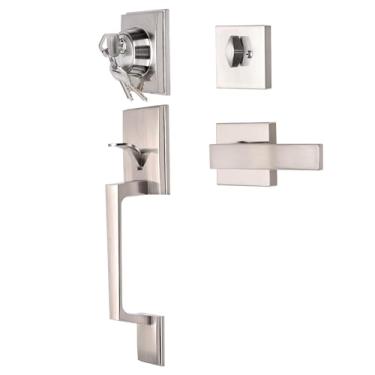 Imagem de WODHMIEY Conjunto de fechadura de porta frontal, alça externa de liga de zinco resistente com maçaneta de porta e fechadura de cilindro único, conjunto de puxadores de acabamento fosco com trava