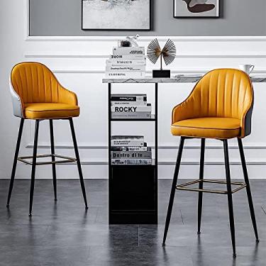Imagem de Banquetas de bar, conjunto de 2 bancos de bar, cadeiras de balcão com encosto, bancos altos para ilha de cozinha/bar doméstico, assento de couro PU laranja, pernas de metal preto, nobre A