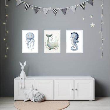 Imagem de Kit 3 Quadros Quarto Infantil Tema Fundo Do Mar 45X34Cm