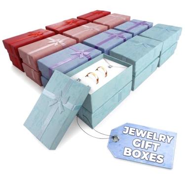 Imagem de Pacote com 24 caixas de presente pequenas com laços — 4 opções de cores, brinco de papel de papelão, colar e pulseira caixa de presente com inserção de espuma — aniversário, casamento e dia dos