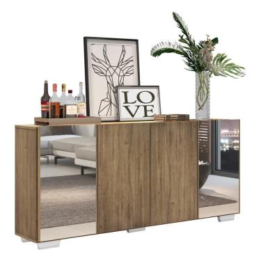 Imagem de Aparador Buffet 4 Portas Com Espelho E Pés Quadrados Vegas V3563 Rustic/Branco Rustic/Branco
