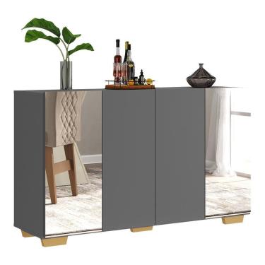 Imagem de Aparador Buffet 4 Portas Com Espelho E Pés Quadrados Vegas V3563 Grafite/Natural Grafite/Natural