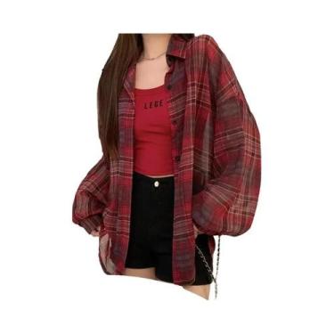 Imagem de Camisa Xadrez Feminina Oversized De Chiffon Transparente Com Mangas Co