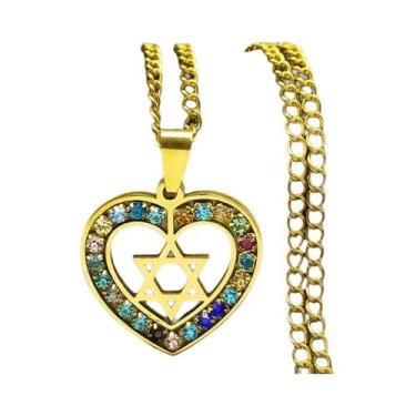 Imagem de Colar Em Forma De Coração Hexagrama Prateado Em Aço Inoxidável Estrela