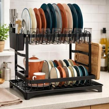 Imagem de Escorredor de Louça Duplo Aço Carbono 13 Pratos com Bandeja de Água - 