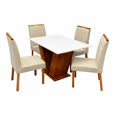 Imagem de Mesa de Jantar Classic 120x80cm com Vidro e 4 Cadeiras Giulia em Linho Estofadas Cel Móveis Cor Cinamomo Off White com Tecido Bege
