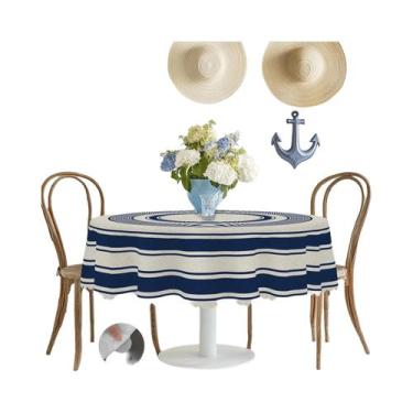 Imagem de Toalha De Mesa Temática Náutica Azul Com Listras Múltiplas, Redonda E 