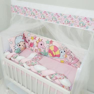Imagem de Kit Mini Berço 13 peças Bebê Menina Fundo do Mar Rosa - AVM Enxovais