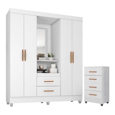 Imagem de Guarda Roupa Casal Capela Com Cômoda 4 Gavetas Lite Branco Brilho - Móveis Leão
